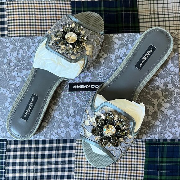 NWT Dolce & Gabbana Grey Lace Slides w/ Lizard Toe & Colorful Crystal - Picture 4 of 6